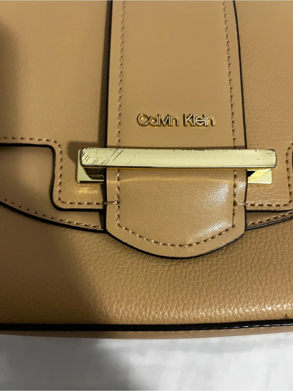 Calvin Klein Tan Faux Leather Crossbody with Gold Accent